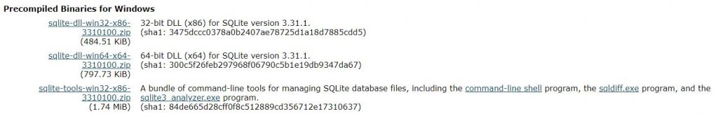 sqlite3.exeのダウンロードパッケージ選択画面
